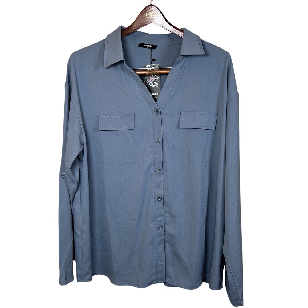 Lotusmile Blouse Women’s Size XL Button-Up Chiffon Blue Roll-Tab Sleeve